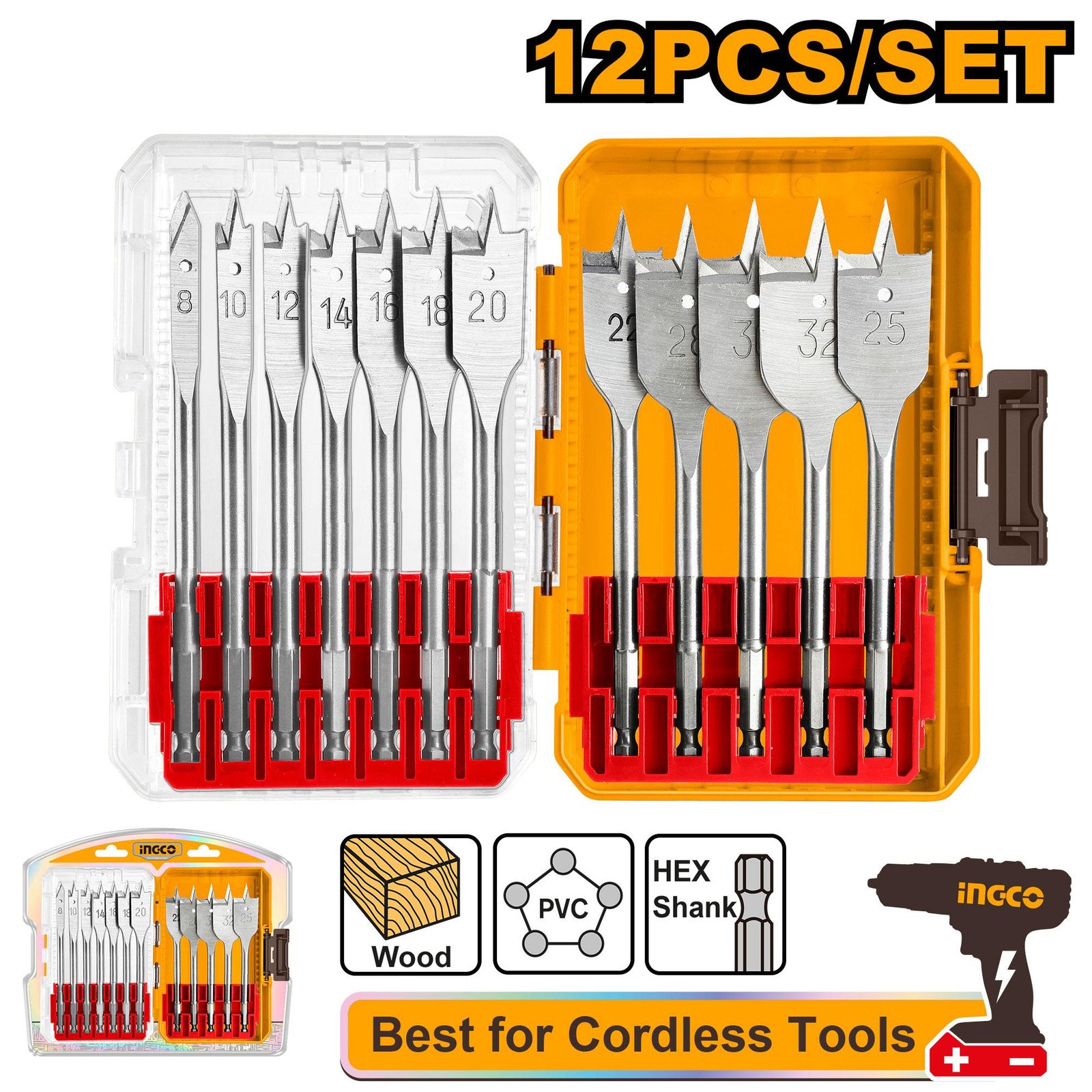 12 Pcs flat wood drill bits set