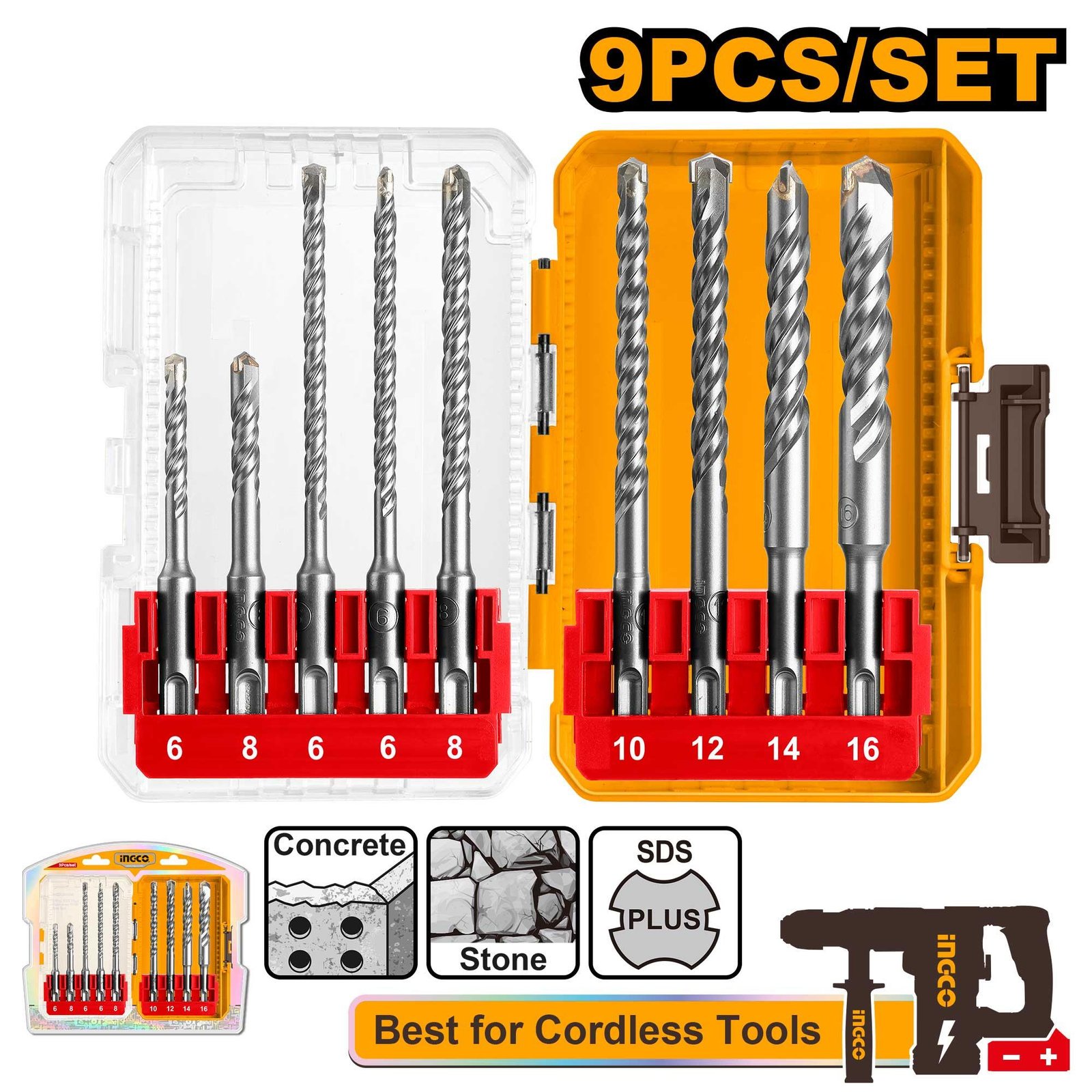 9 Pcs SDS plus hammer drill bits set