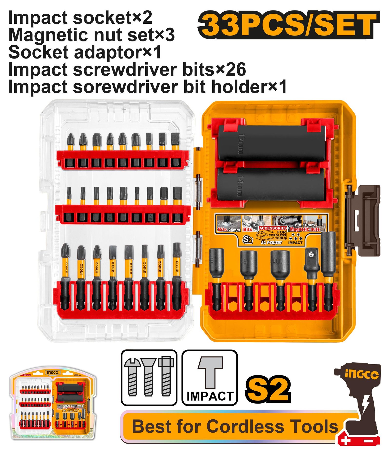 33 Pcs impact screwdriver bits and sockets set