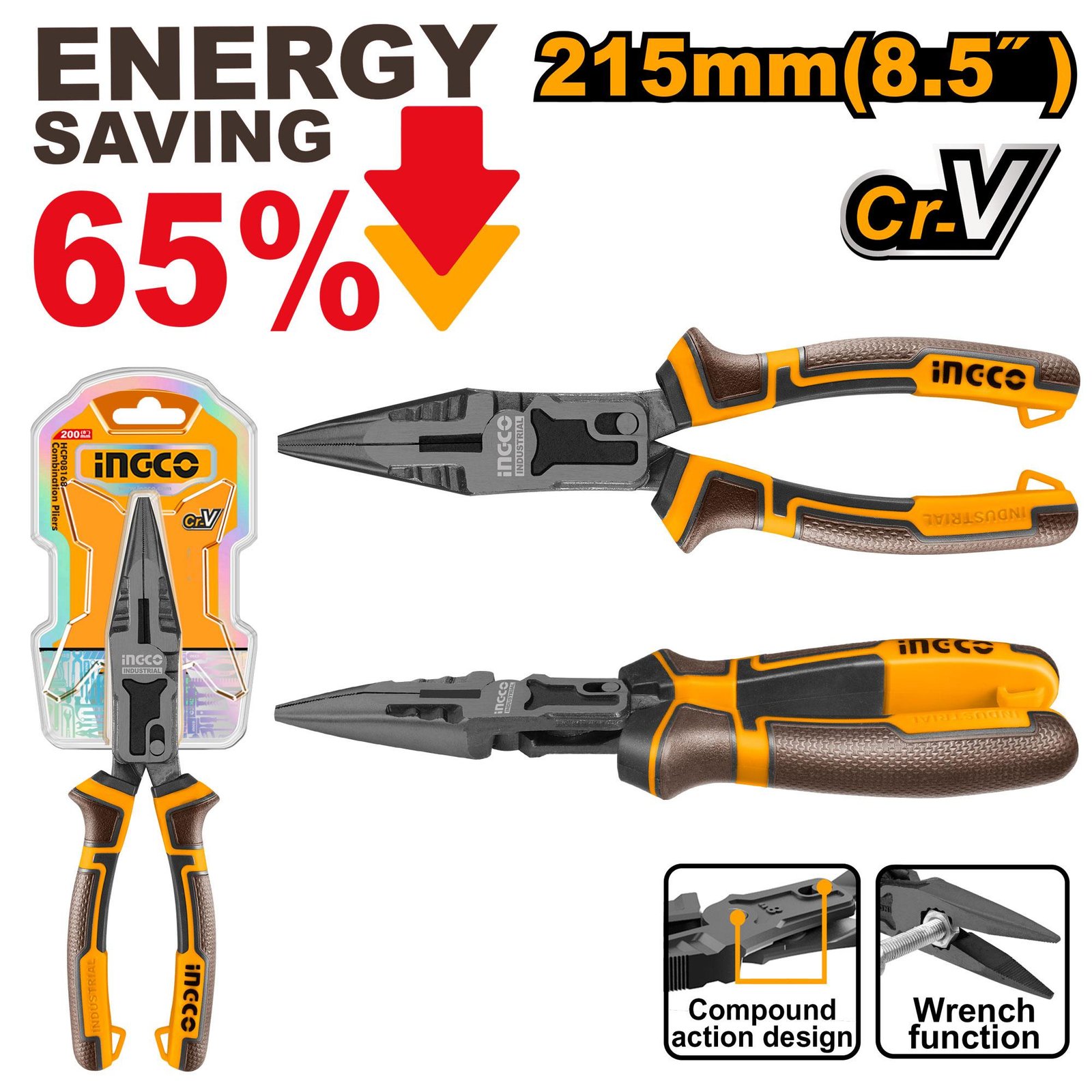 Compound action long nose pliers