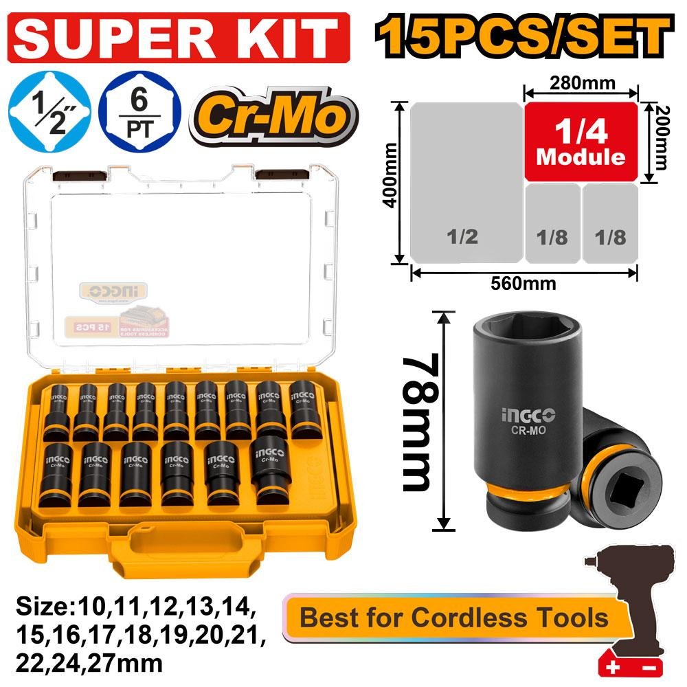 15 Pcs 1/2" DR. Deep impact socket set