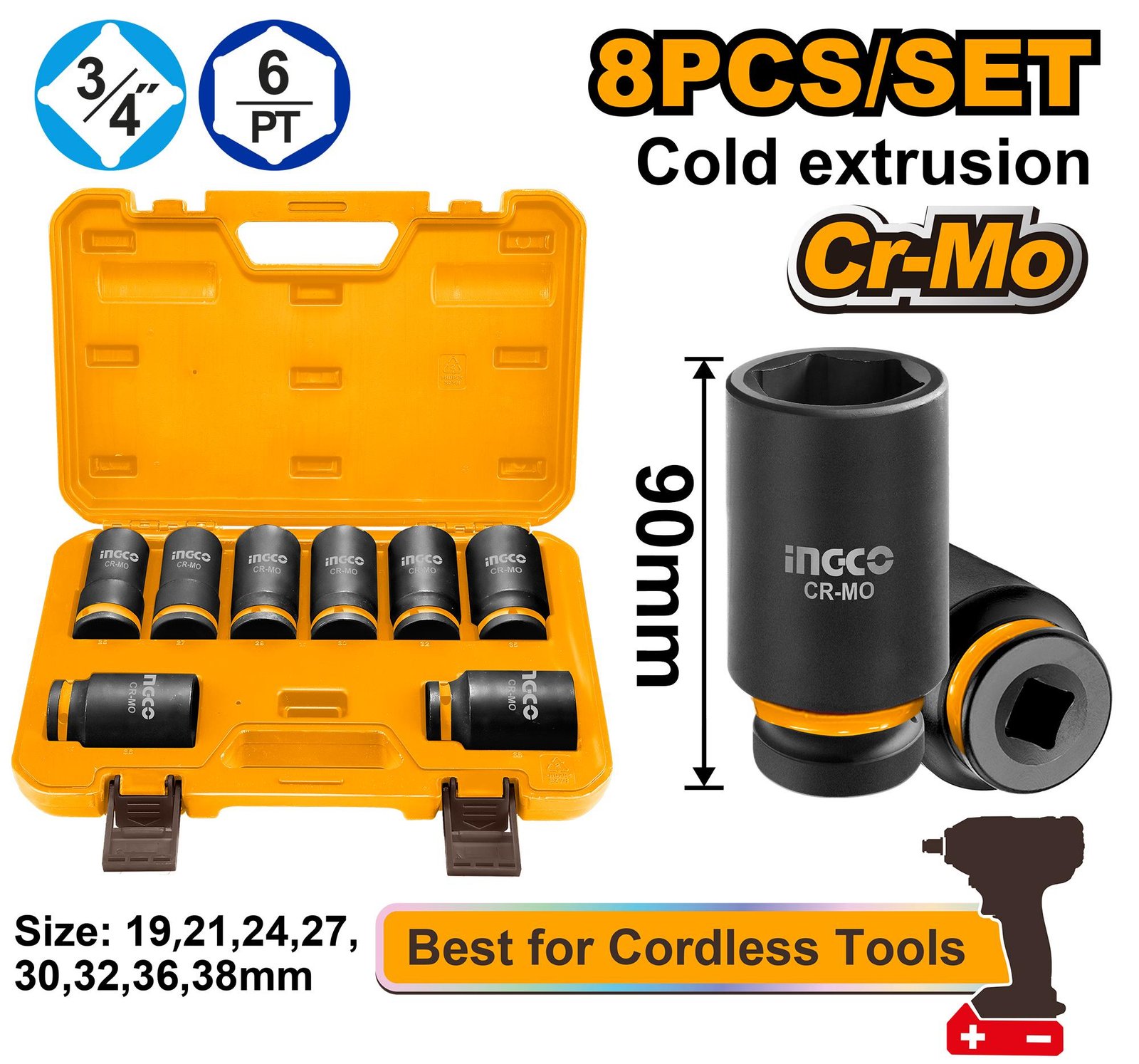 8 Pcs 3/4" DR. Deep impact socket set