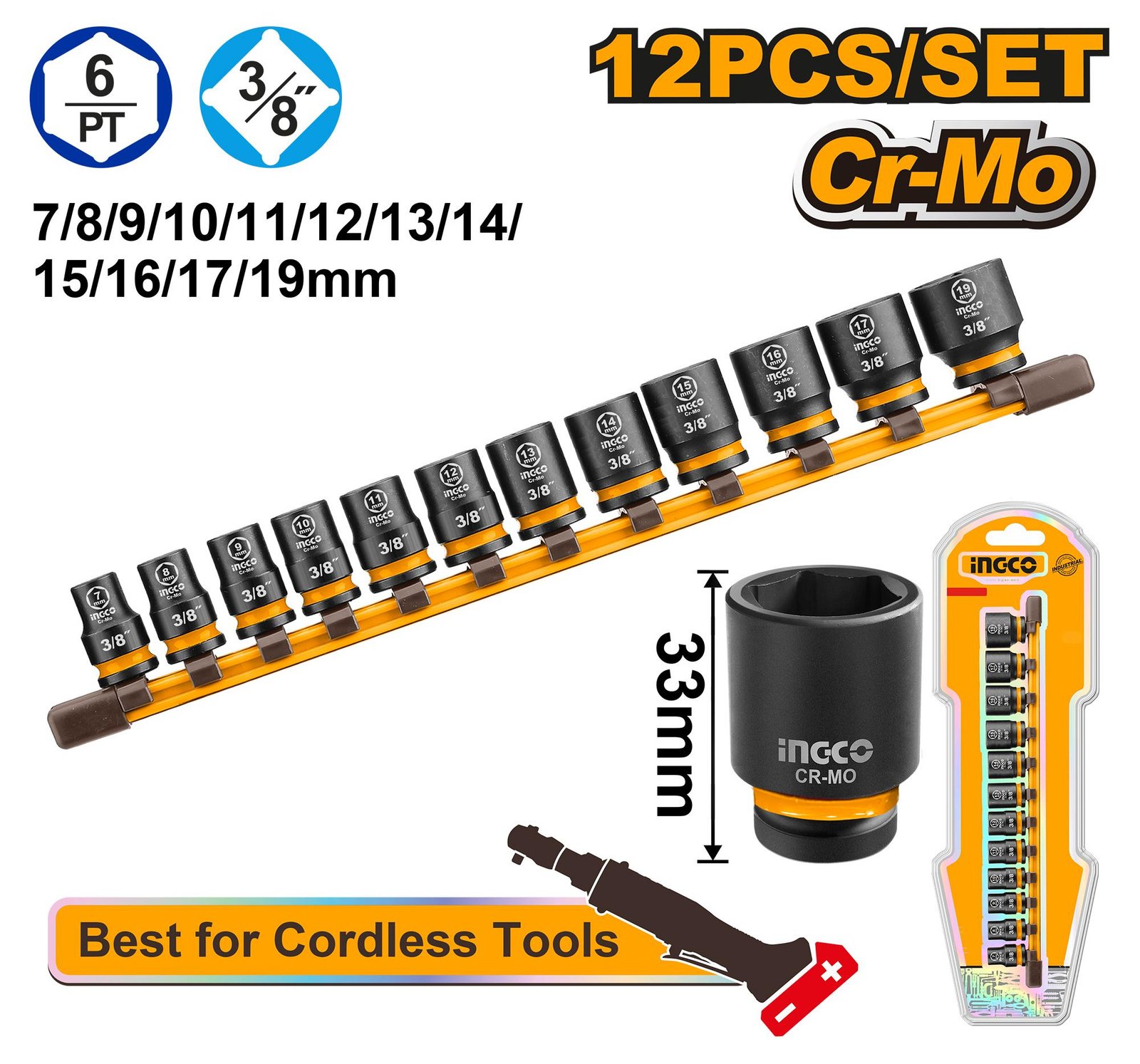 12 Pcs 3/8" DR. Impact socket set